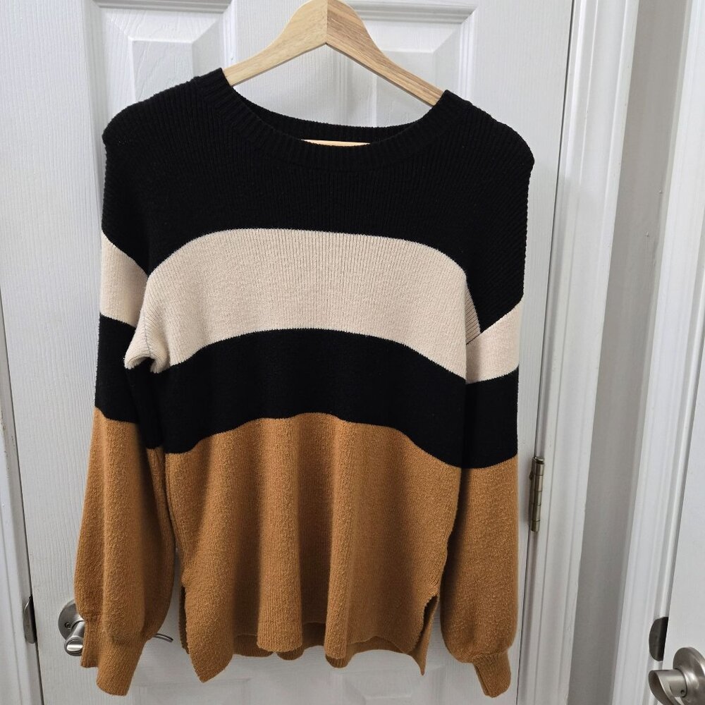 Dress Forum Sweater Womens Small Black Tan Colorblock‎ Stripes Minimalist Casual